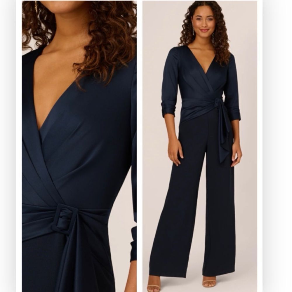 Adrianna Papell Satin Crepe 3 Quarter Sleeve Jumpsuit Buckle $189